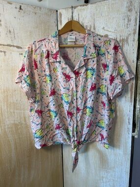 Her Universe Pink Button-Down Tie Front Top with Multicolor Cartoon Print